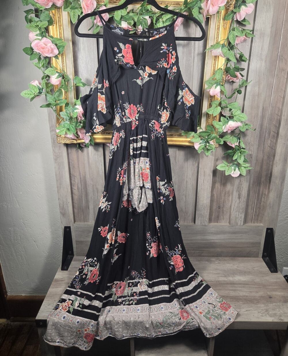 Angie Women's Small Black Floral Cold Shoulder High Low Romper Jumpsuit Boho